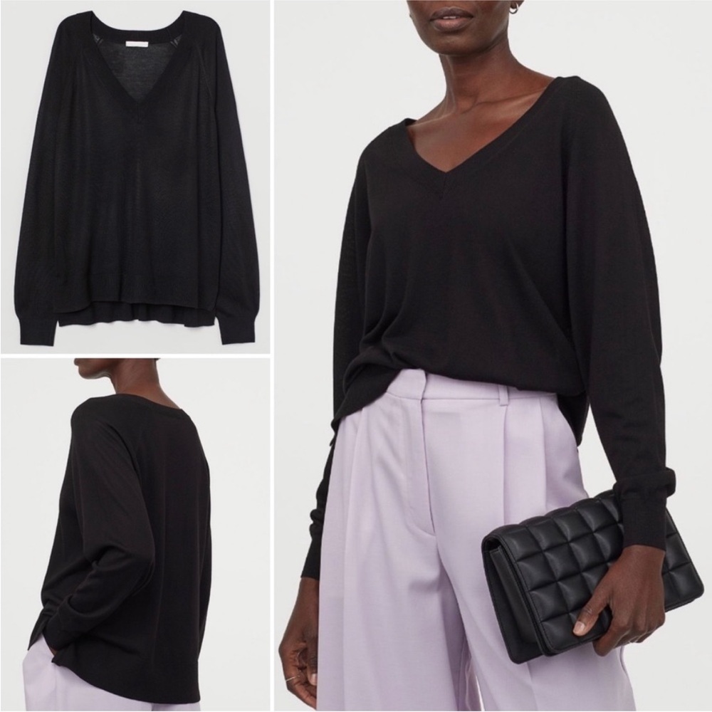 ALPACA WOOL H&M Black Women’s V Neck Quiet Luxury Sweater Jumper SZ XS EUC Cozy